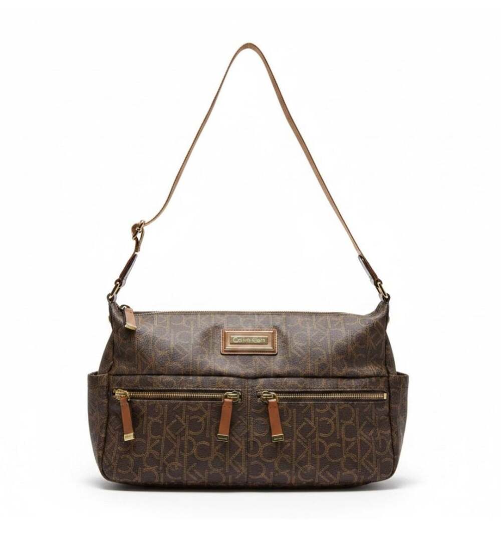 Calvin Klein Brown Monogram Logo Double Zip Shoulder Bag Purse Removable Strap